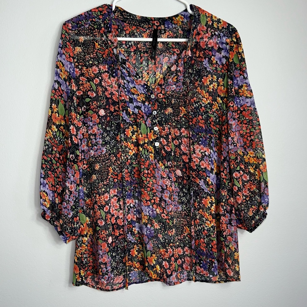 &Bellatrix Nordstrom floral chiffon blouse black with colorful flowers spring to